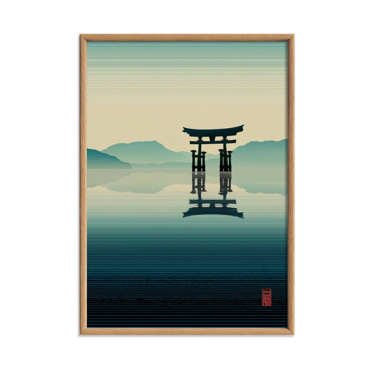 Japanese Torii Gate Poster, Lake Landscape Print, Teal Zen Wall Art