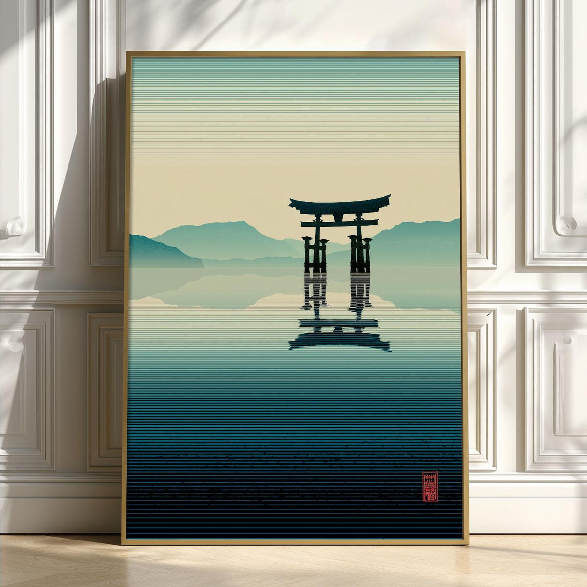 Japanese Torii Gate Poster, Lake Landscape Print, Teal Zen Wall Art