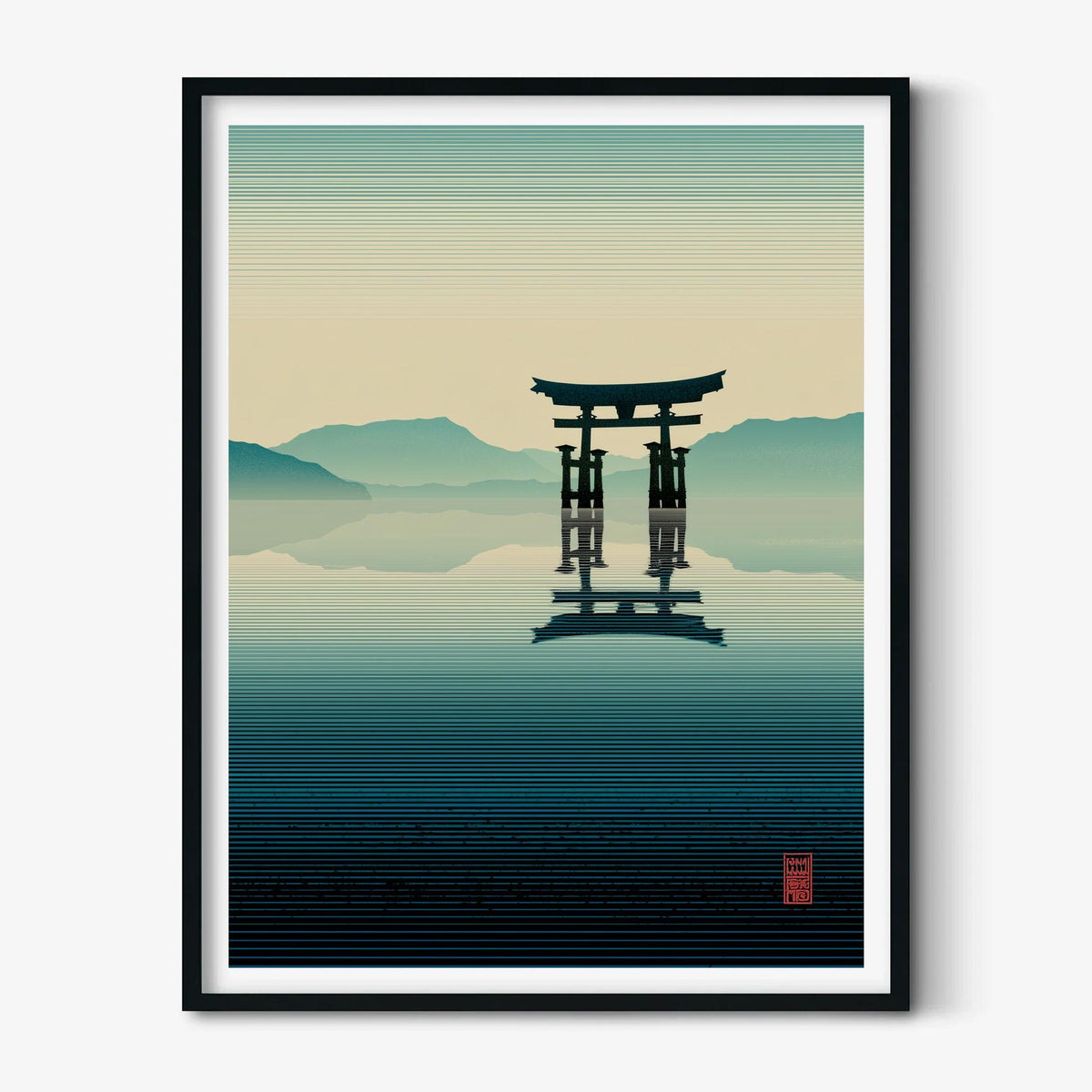 Japanese Torii Gate Poster, Lake Landscape Print, Teal Zen Wall Art