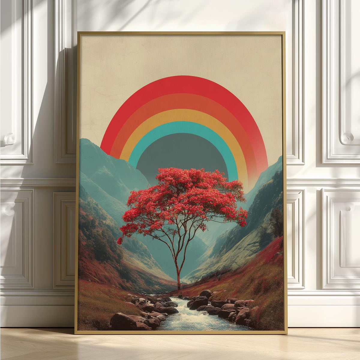 Retro Rainbow Tree Poster, Mountain Landscape Print, Colourful Wall Art