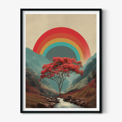 Retro Rainbow Tree Poster, Mountain Landscape Print, Colourful Wall Art