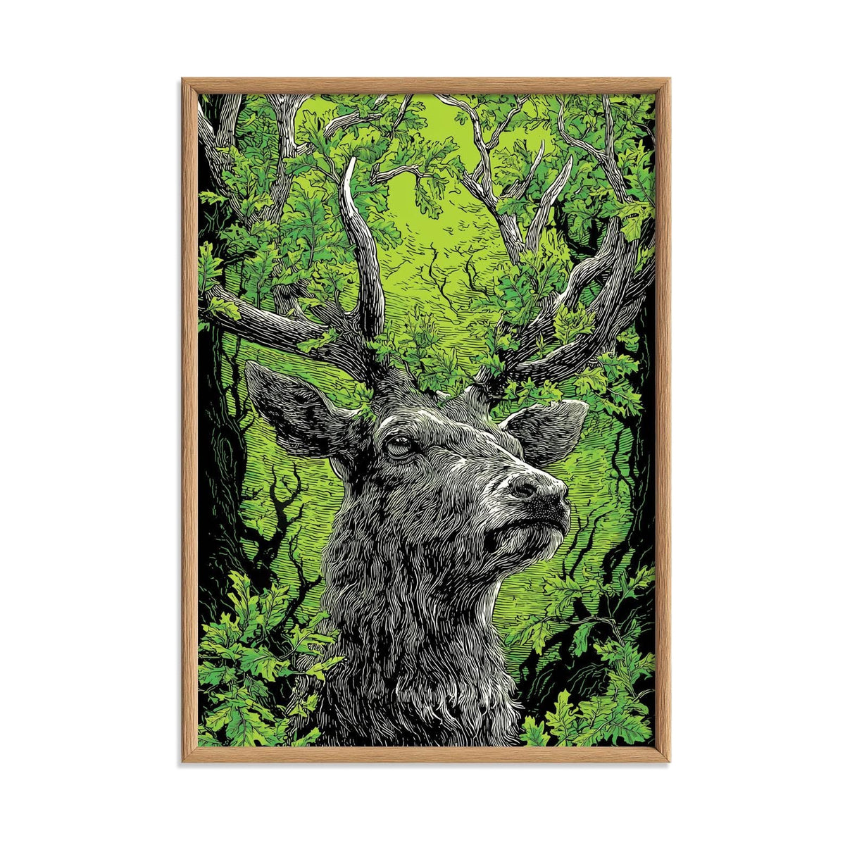 Linocut Stag Poster, Green Deer Print, Woodland Forest Wall Art