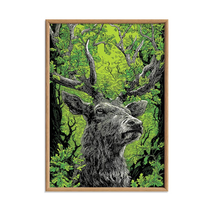Linocut Stag Poster, Green Deer Print, Woodland Forest Wall Art