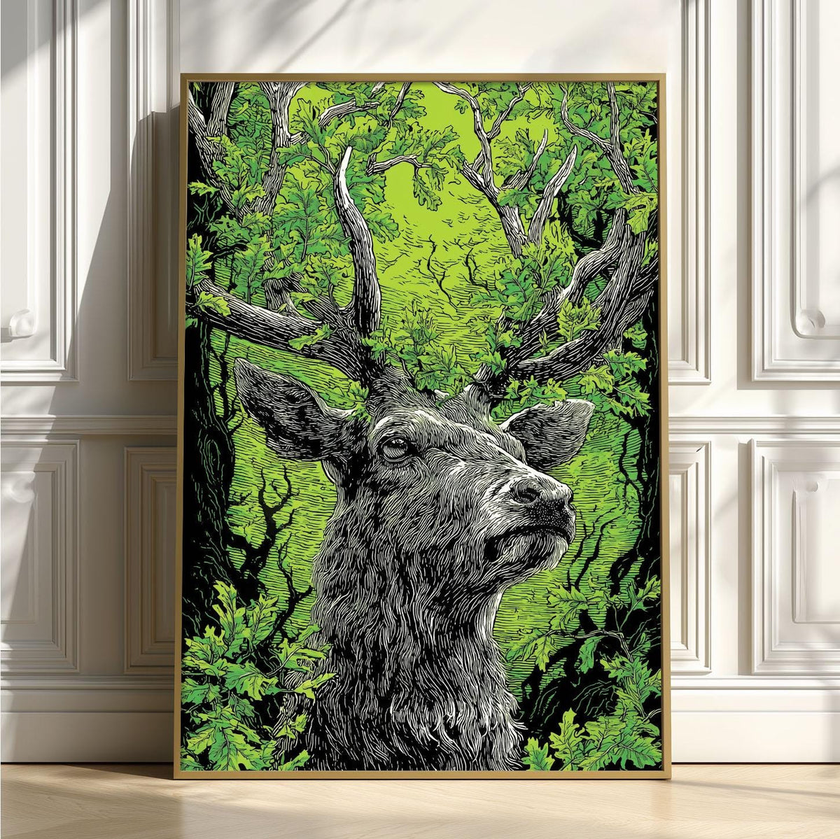 Linocut Stag Poster, Green Deer Print, Woodland Forest Wall Art