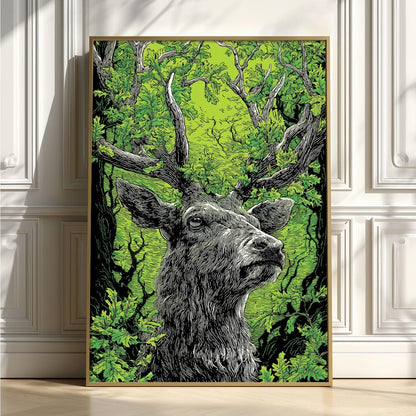 Linocut Stag Poster, Green Deer Print, Woodland Forest Wall Art