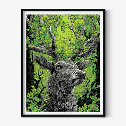 Linocut Stag Poster, Green Deer Print, Woodland Forest Wall Art