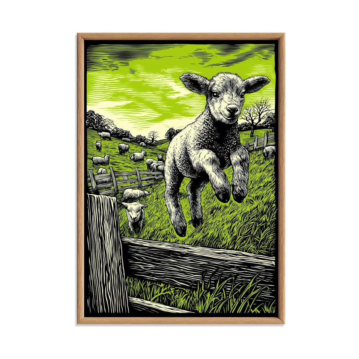 Lamb Poster, Green Linocut Print, Farm Animal Wall Art