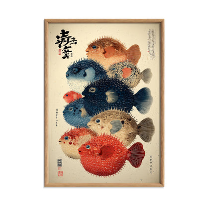Puffer Fish Poster, Japanese Woodblock Print, Colourful Ocean Wall Art