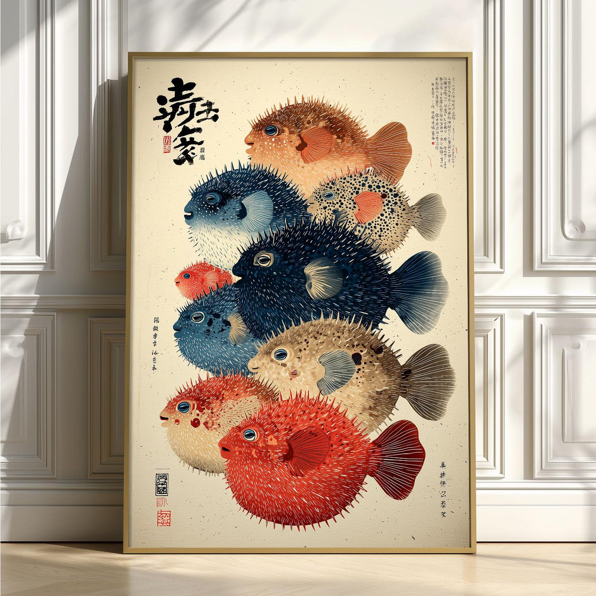 Puffer Fish Poster, Japanese Woodblock Print, Colourful Ocean Wall Art