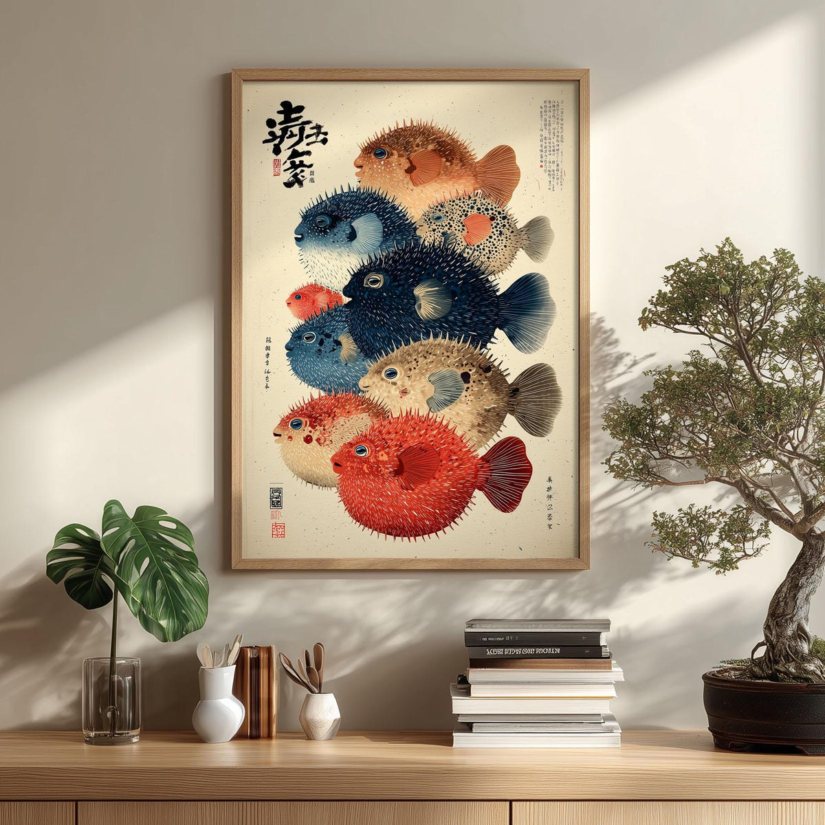 Puffer Fish Poster, Japanese Woodblock Print, Colourful Ocean Wall Art