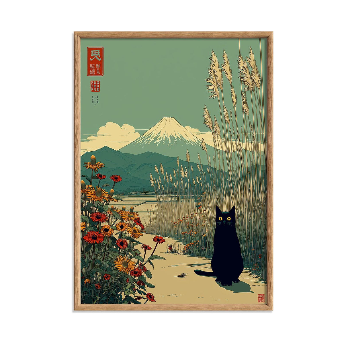 Japanese Black Cat Poster, Mount Fuji Print, Floral Landscape Wall Art
