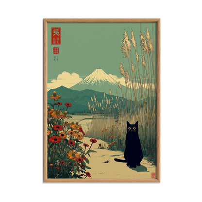 Japanese Black Cat Poster, Mount Fuji Print, Floral Landscape Wall Art