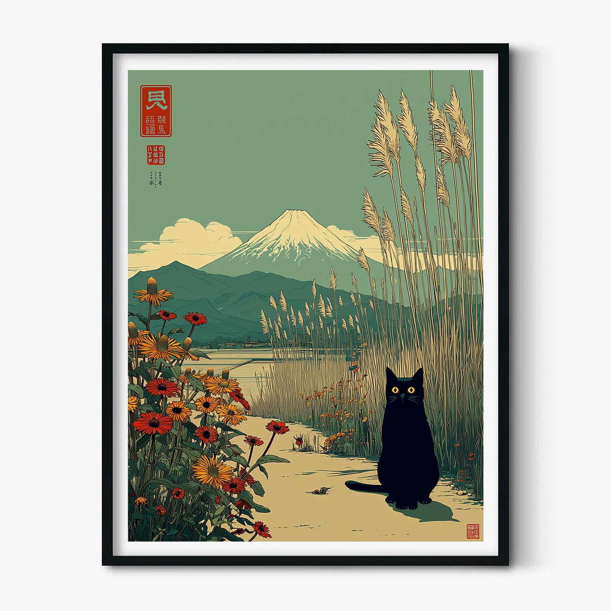 Japanese Black Cat Poster, Mount Fuji Print, Floral Landscape Wall Art