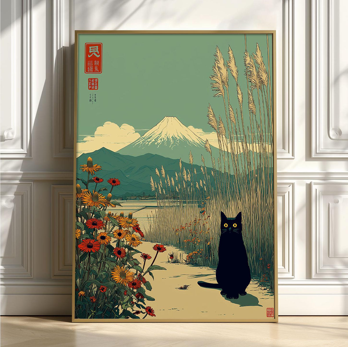 Japanese Black Cat Poster, Mount Fuji Print, Floral Landscape Wall Art