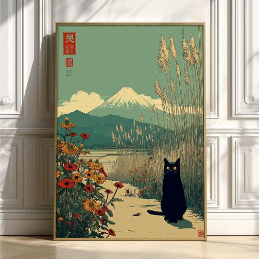 Japanese Black Cat Poster, Mount Fuji Print, Floral Landscape Wall Art