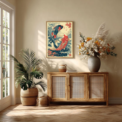 Koi Fish Poster, Japanese Woodblock Print, Ocean Wave Wall Art