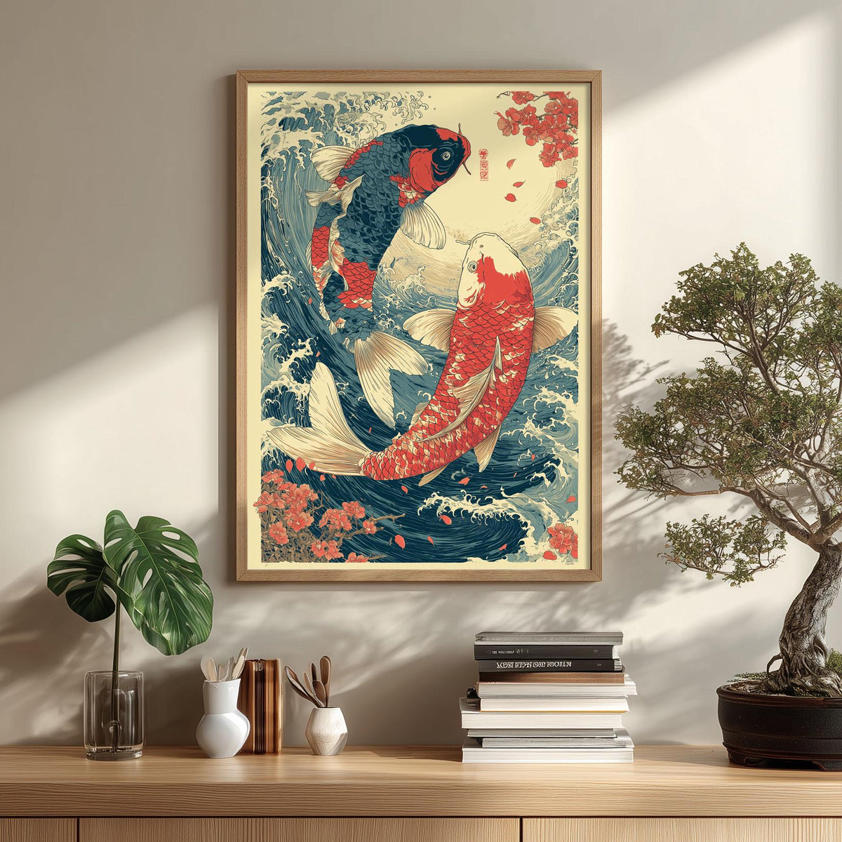 Koi Fish Poster, Japanese Woodblock Print, Ocean Wave Wall Art