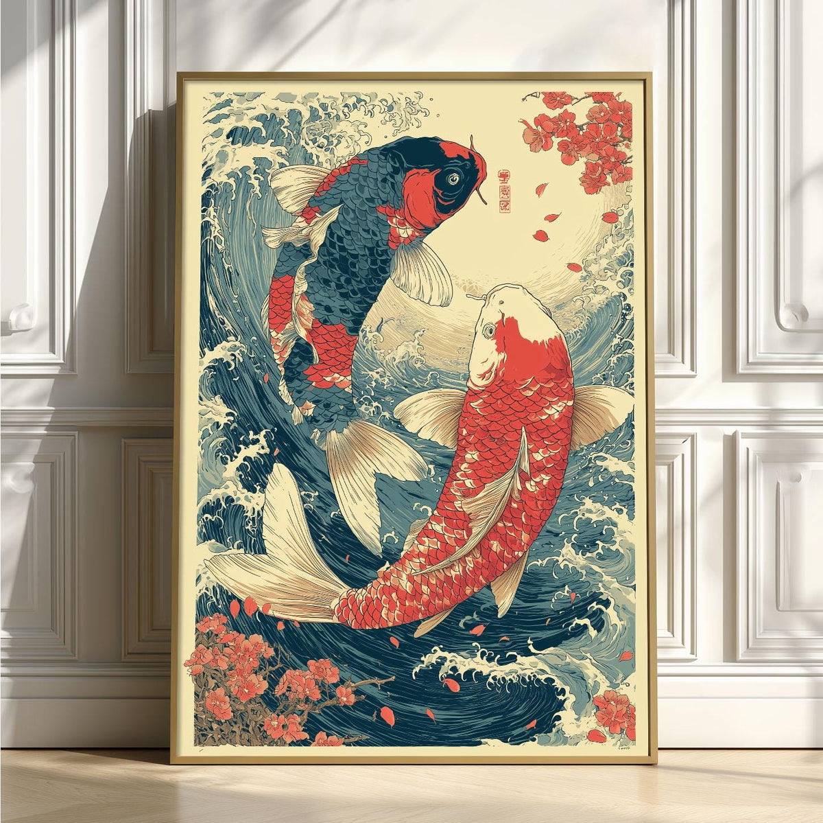 Koi Fish Poster, Japanese Woodblock Print, Ocean Wave Wall Art