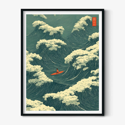 Ocean Wave Poster, Japanese Woodblock Print, Surfer Coastal Wall Art