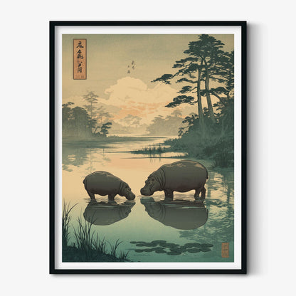 Peaceful Hippo Poster, Japanese Landscape Print, Woodland Wall Art