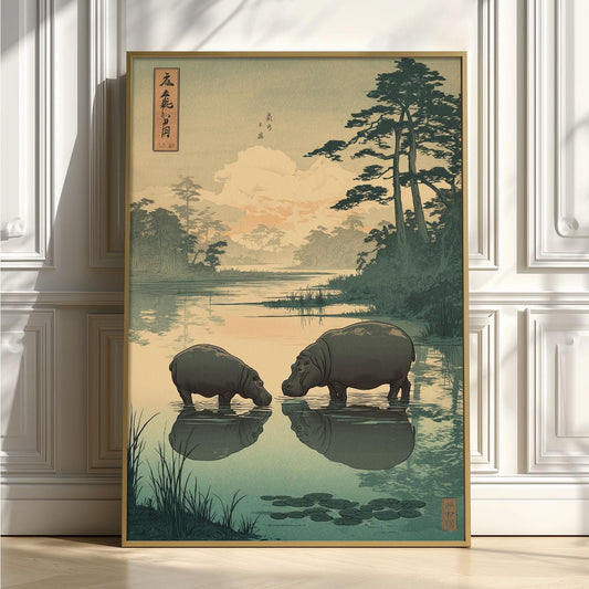 Peaceful Hippo Poster, Japanese Landscape Print, Woodland Wall Art