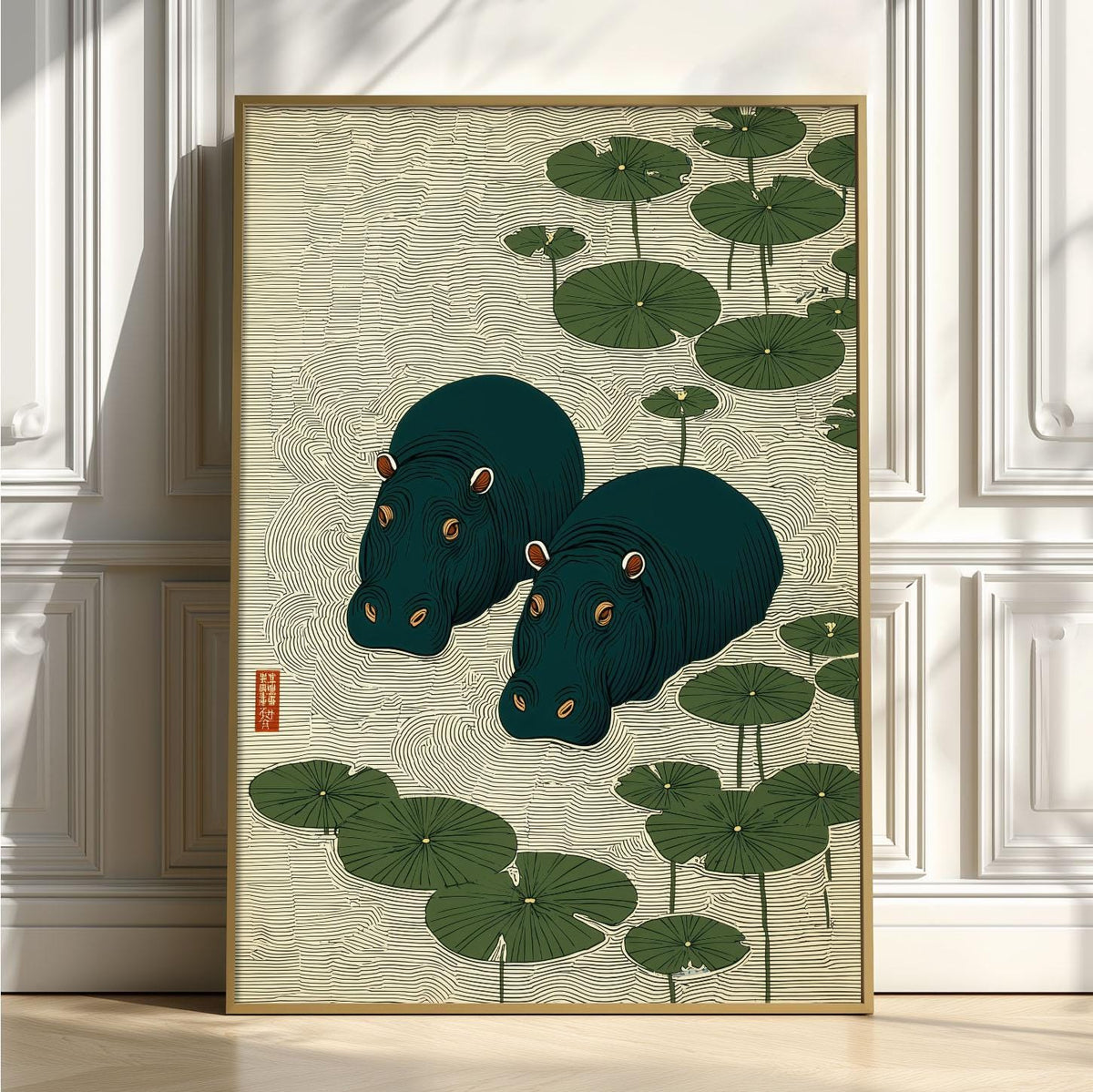 Hippo Print, Japanese Lily Pad Print, Green Pond Wall Art
