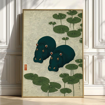 Hippo Print, Japanese Lily Pad Print, Green Pond Wall Art