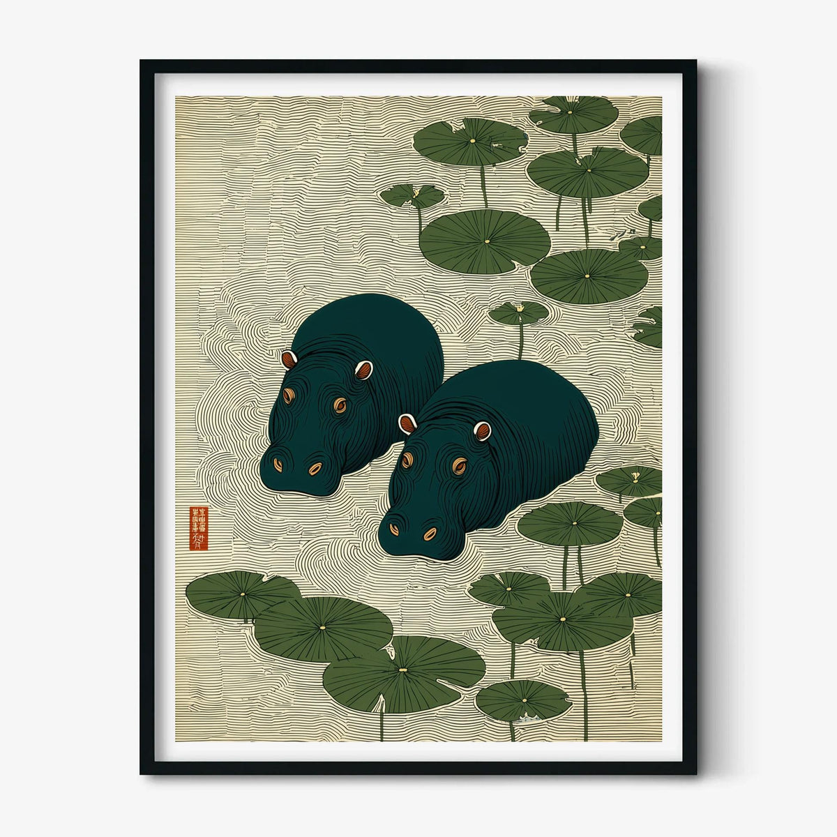 Hippo Print, Japanese Lily Pad Print, Green Pond Wall Art