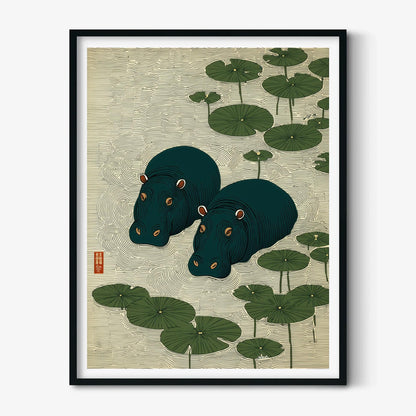 Hippo Print, Japanese Lily Pad Print, Green Pond Wall Art
