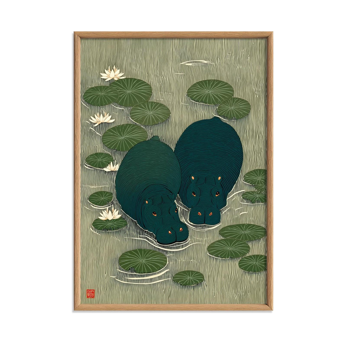Japanese Lily Pond Hippo Poster, Green Wildlife Print, Animal Wall Art