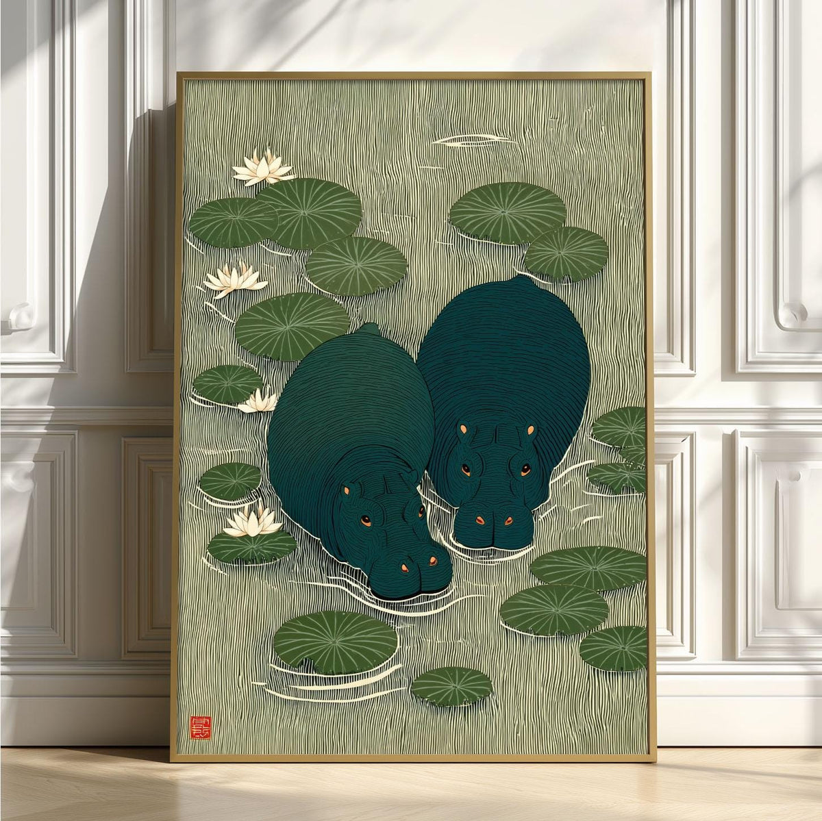 Japanese Lily Pond Hippo Poster, Green Wildlife Print, Animal Wall Art