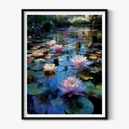 Water Lily Pond Poster, Impressionist Floral Print, Blue Botanical Wall Art