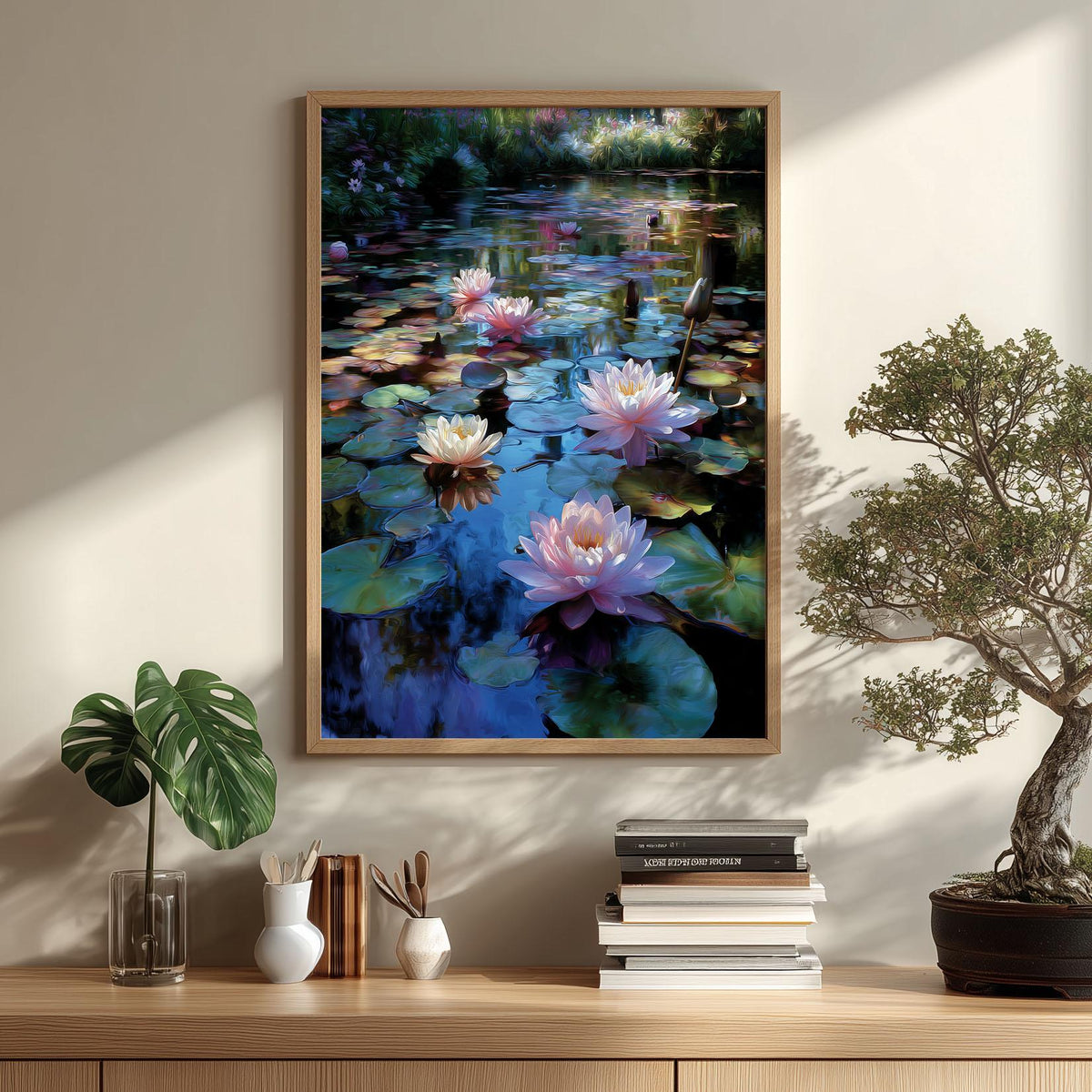 Water Lily Pond Poster, Impressionist Floral Print, Blue Botanical Wall Art