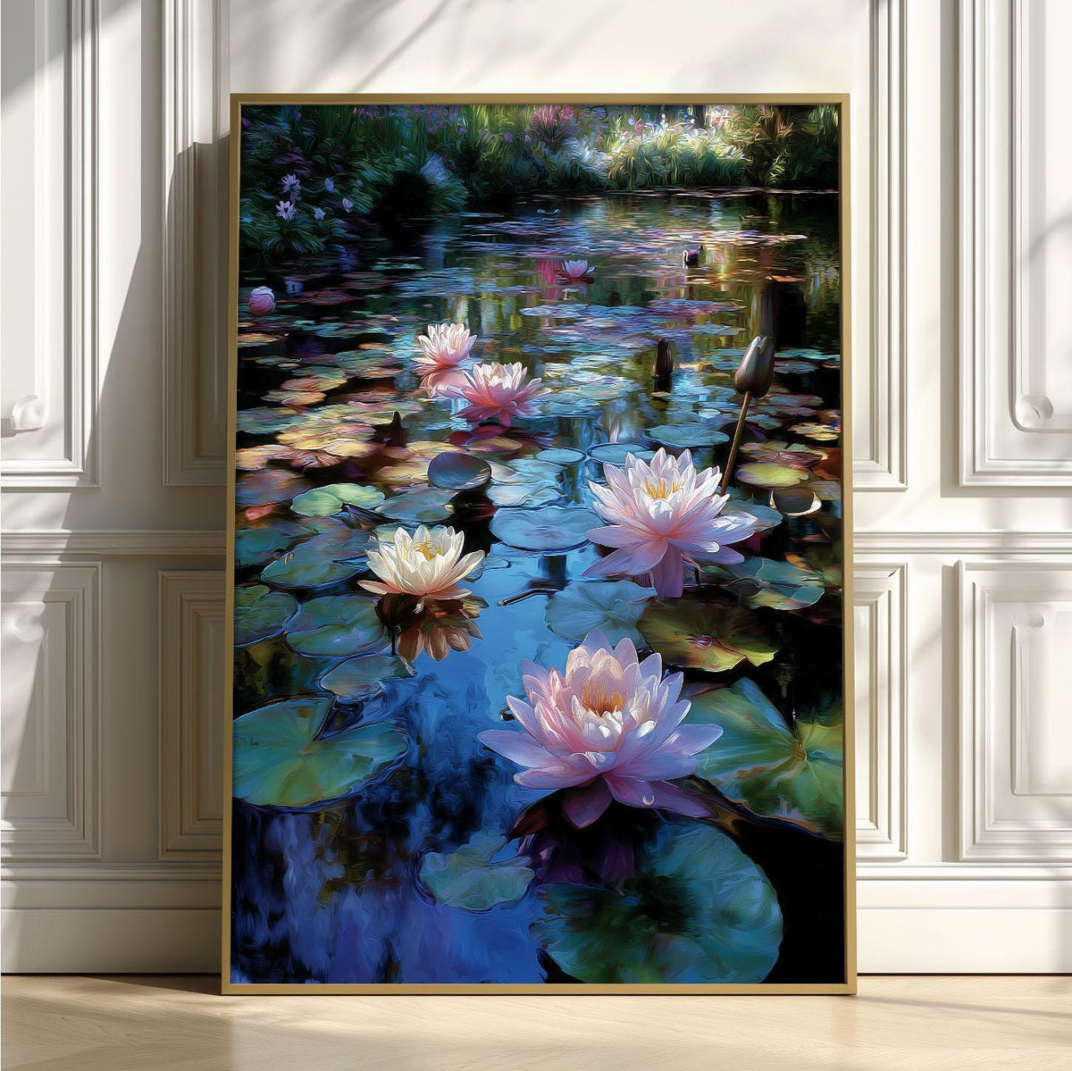 Water Lily Pond Poster, Impressionist Floral Print, Blue Botanical Wall Art