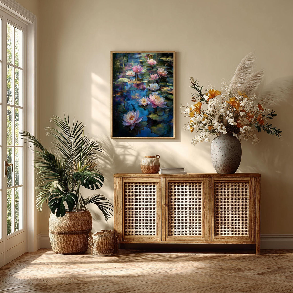 Water Lily Poster, Impressionist Garden Print, Blue Floral Pond Wall Art
