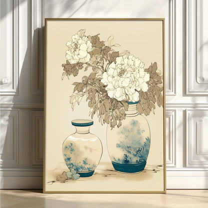 Vintage Peony Vase Poster, Floral Print, Chinoiserie Wall Art