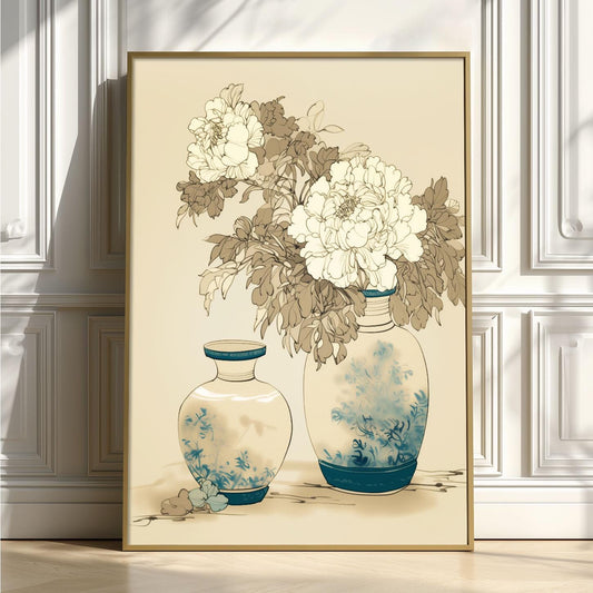 Vintage Peony Vase Poster, Floral Print, Chinoiserie Wall Art