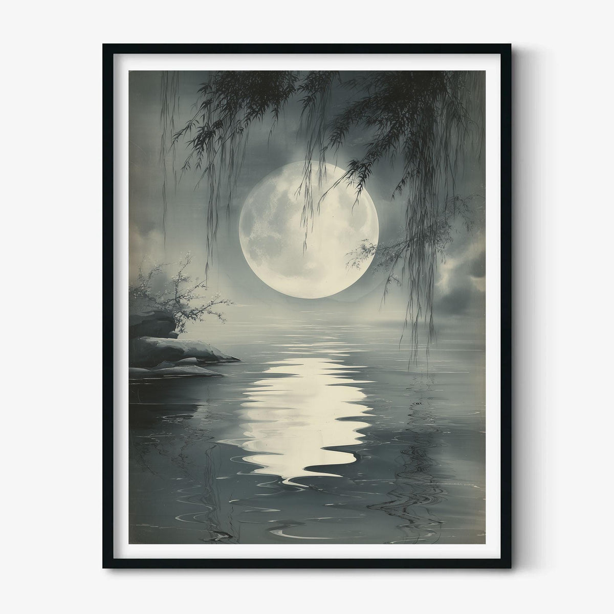 Moonlit Lake Poster, Chinese Ink Wash Print, Grey Landscape Wall Art
