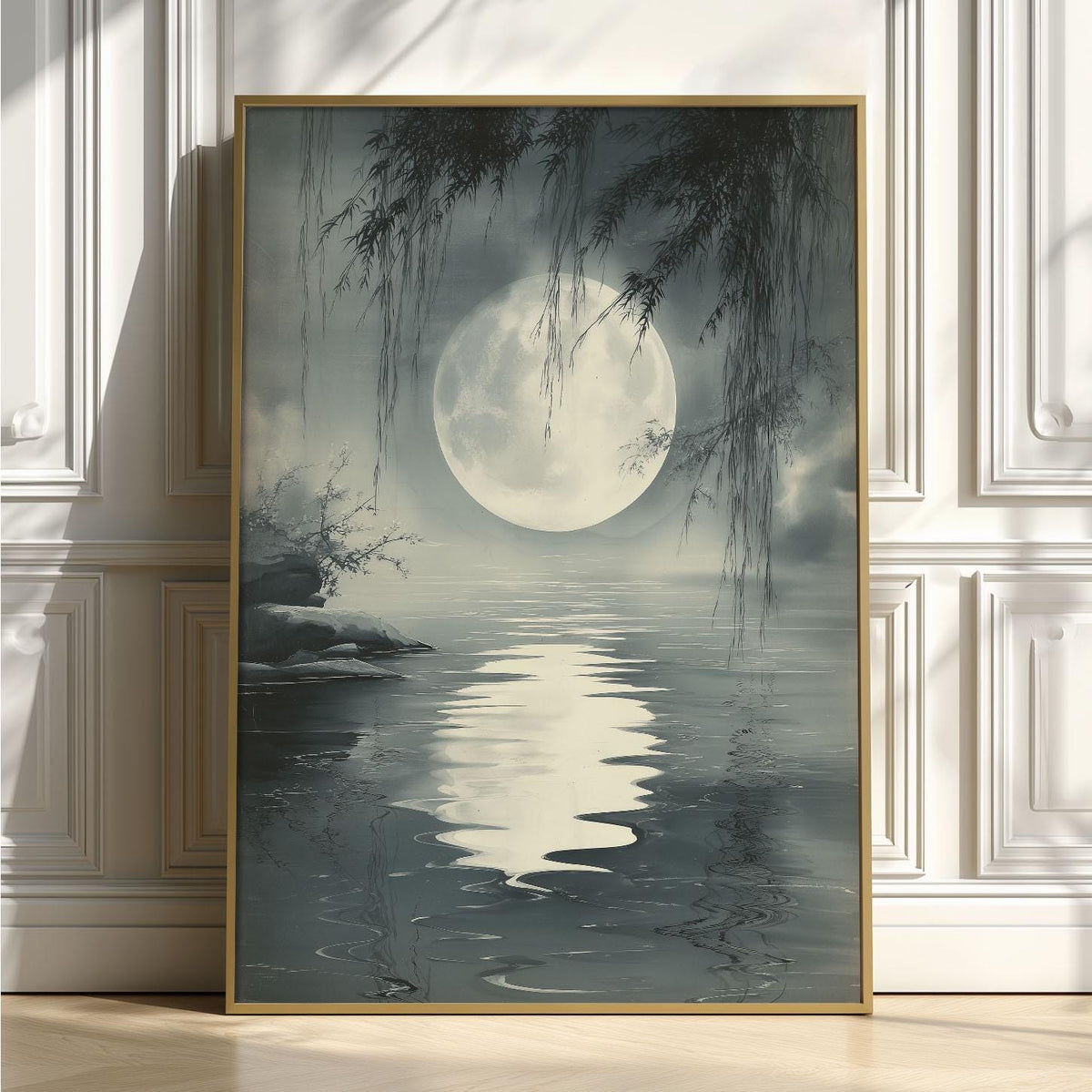 Moonlit Lake Poster, Chinese Ink Wash Print, Grey Landscape Wall Art