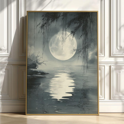 Moonlit Lake Poster, Chinese Ink Wash Print, Grey Landscape Wall Art
