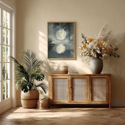 Moonlit Lake Poster, Chinese Ink Wash Print, Grey Landscape Wall Art