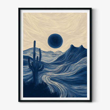 Blue Desert Cactus Poster | Minimalist Landscape Art Print, Navy Wall Art | Boho Decor