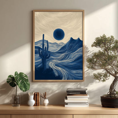 Blue Desert Cactus Poster | Minimalist Landscape Art Print, Navy Wall Art | Boho Decor