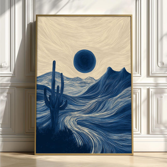 Blue Desert Cactus Poster | Minimalist Landscape Art Print, Navy Wall Art | Boho Decor