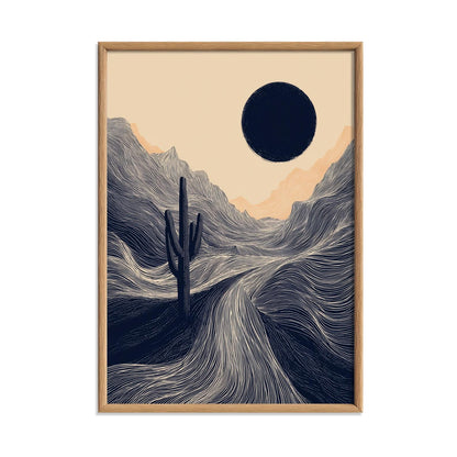 Desert Cactus Poster | Minimalist Landscape Art Print, Navy Wall Art | Boho Desert Decor
