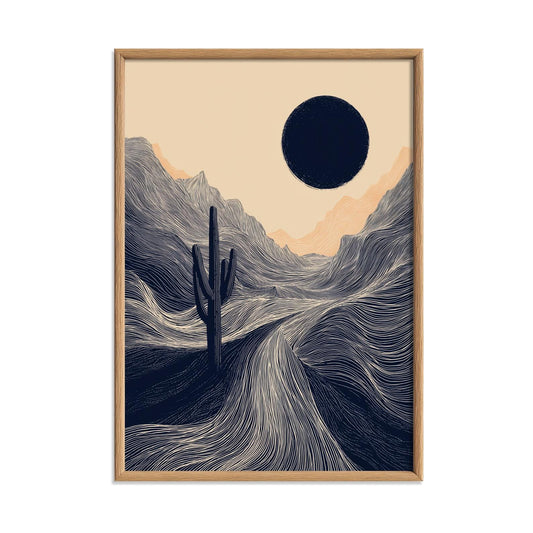 Desert Cactus Poster | Minimalist Landscape Art Print, Navy Wall Art | Boho Desert Decor