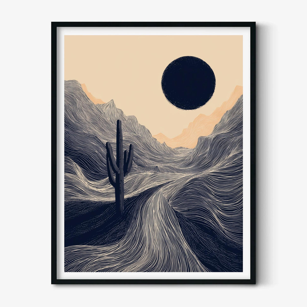 Desert Cactus Poster | Minimalist Landscape Art Print, Navy Wall Art | Boho Desert Decor