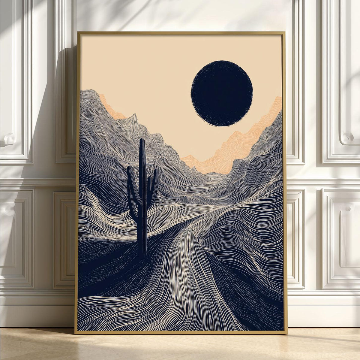 Desert Cactus Poster | Minimalist Landscape Art Print, Navy Wall Art | Boho Desert Decor