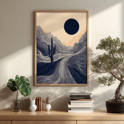 Desert Cactus Poster | Minimalist Landscape Art Print, Navy Wall Art | Boho Desert Decor