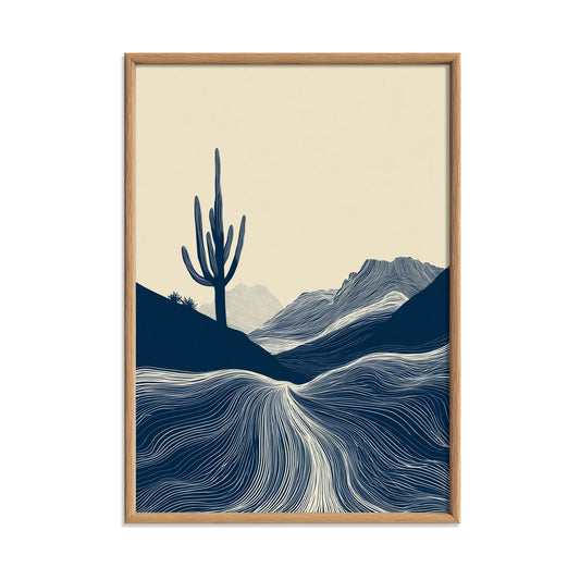 Desert Cactus Wall Art | Minimalist Landscape Poster, Navy Blue Art Print | Southwest Decor